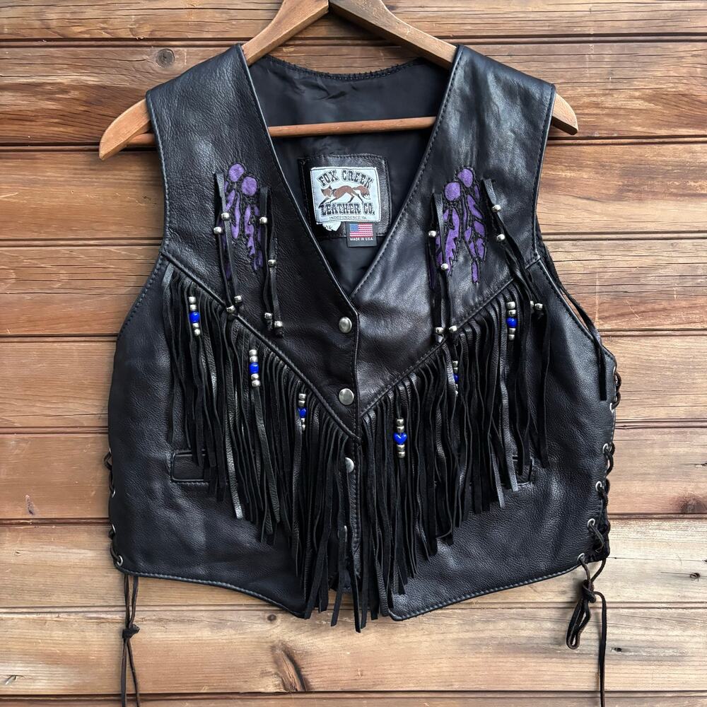 Vintage Leather Feather and Wolf Vest Fox Creek Leather Co.